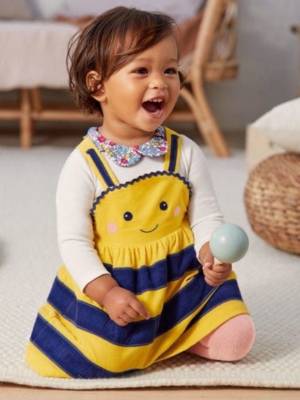 Mini Boden Yellow and Navy Bee Striped Pinafore Dress
